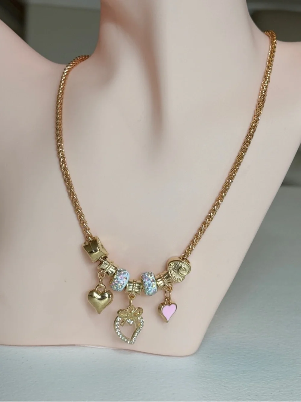 Gold Heart Charm Necklace with Pink Accent